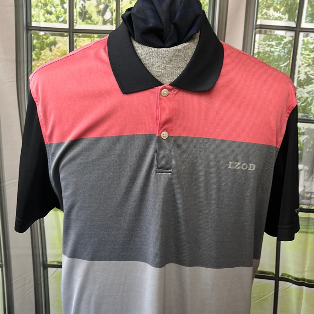 Izod golf shirt. xl pink grey black and white color